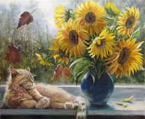 Без бренда «Подсолнухи в синей вазе возле кота» в Челябинске
