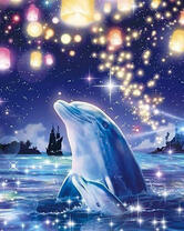 Мама дельфин с малышом под звездным небом