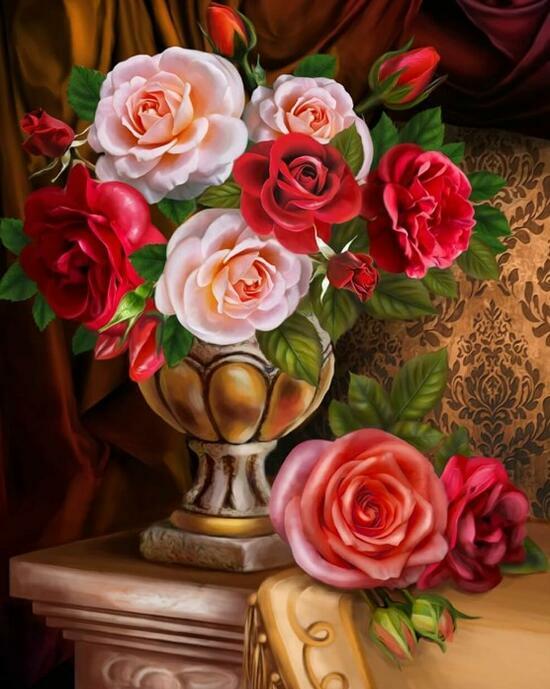 Алмазная мозаика 40x50 Бронзовая ваза с букетом роз