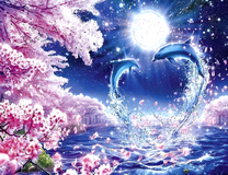 Влюбленные дельфины над водой